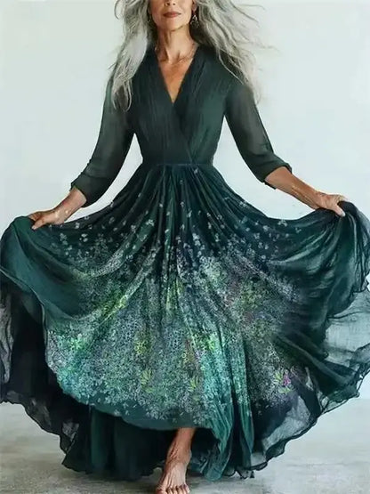 New Bohemian Style Long Sleeve Mesh Dress Vacation Vibes Full Skirt Chiffon Dress V-neck Ankle-length Regular Waistline