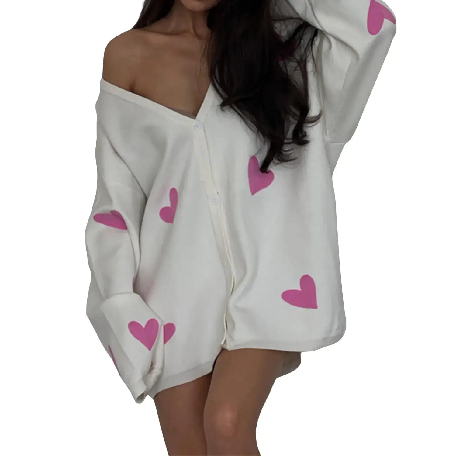 Women s Autumn Loose Knit Cardigan Heart Embroidery Long Sleeve V-Neck Sweater Button Down Jacket