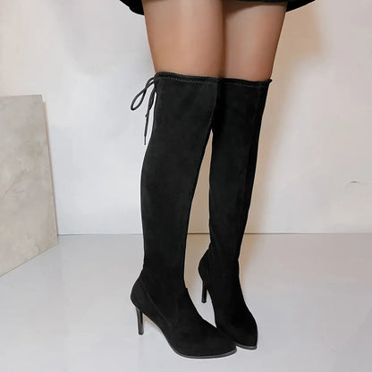 New Women Boot Fashion Suede Over The Knee Boot Lace Up Sexy High Heels Shoes Woman Slim Thigh High Women&