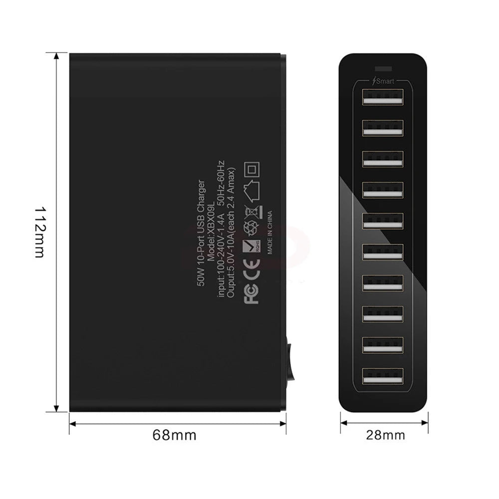 ILEPO 60W 10-Port USB Charging Station – Multi-Device Desktop Charger | iPhone, iPad, Samsung, Xiaomi | US/EU/UK/AU/KR Plug