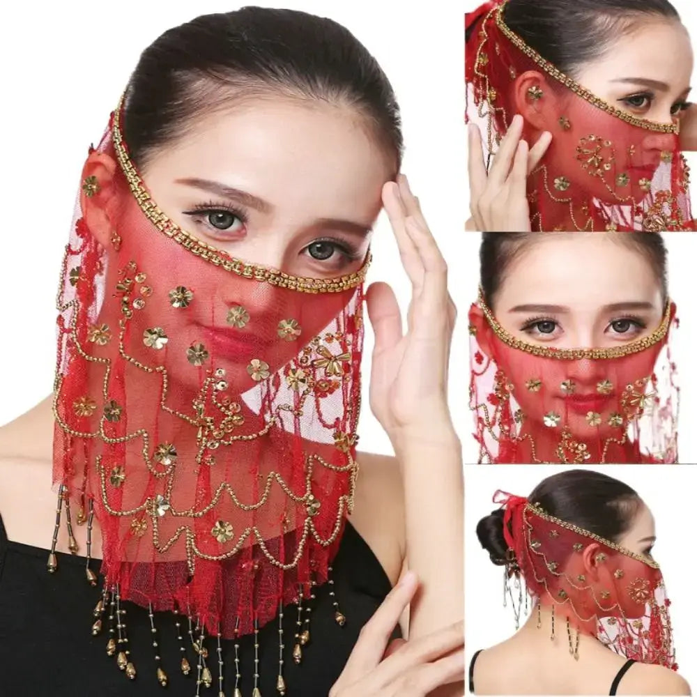 Lake Blue Color with Beaded Masquerade Party Belly Dancing Veils Face Veil Costumes Mesh Face Veil Indian Belly Dance Veil