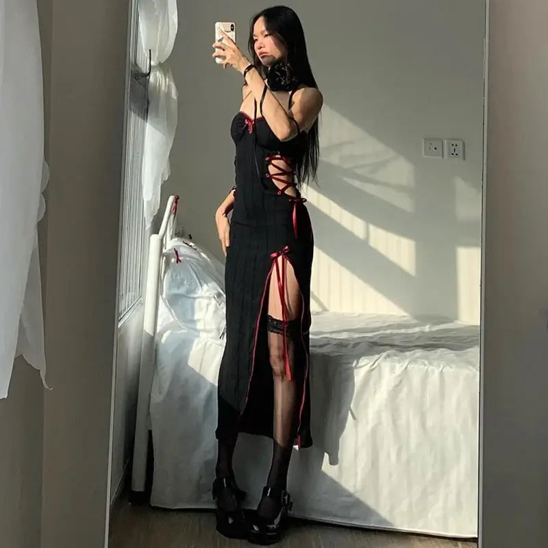 Gothic Sexy Bow Applique High Slit Dress | WhereMery
