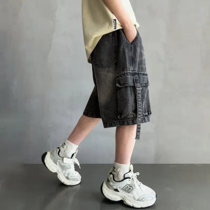 2026 Summer New Kids Designer Black Denim Cargo Shorts Tweens Boy Casual Straight Jeans Shorts For Child Age 5 6 8 10 12 14 Yrs