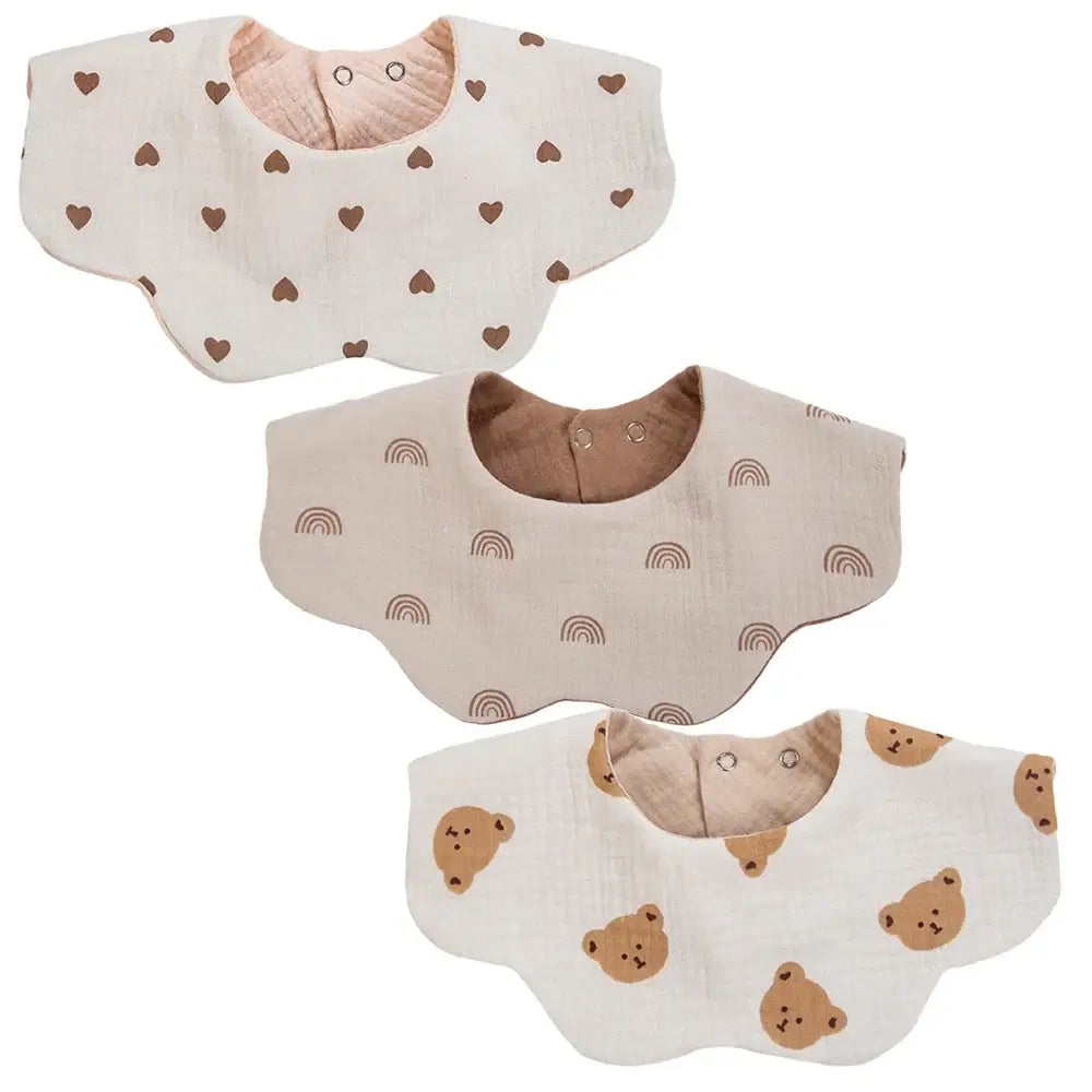 3Pcs/Lot Cute Bear Flower Print Baby Bibs Muslin Cotton Double Side Infant Boys Girls Feeding Burp Cloths Thicken Adjustable Bib