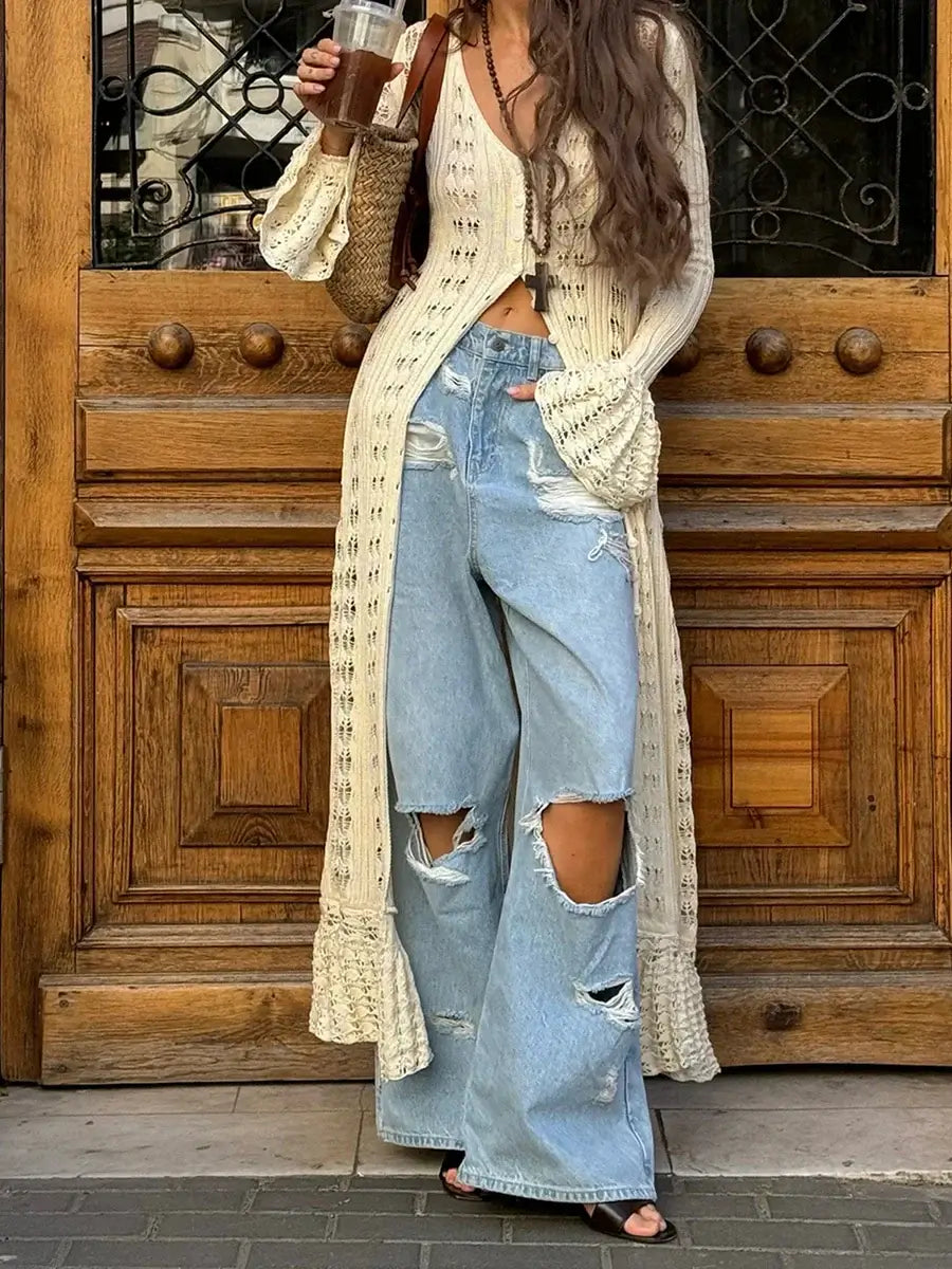 Ladies Long Sleeve Knit Cardigan with Button Closure and Hollowed Design Solid Color Fall Jacket for Everyday Wear on the