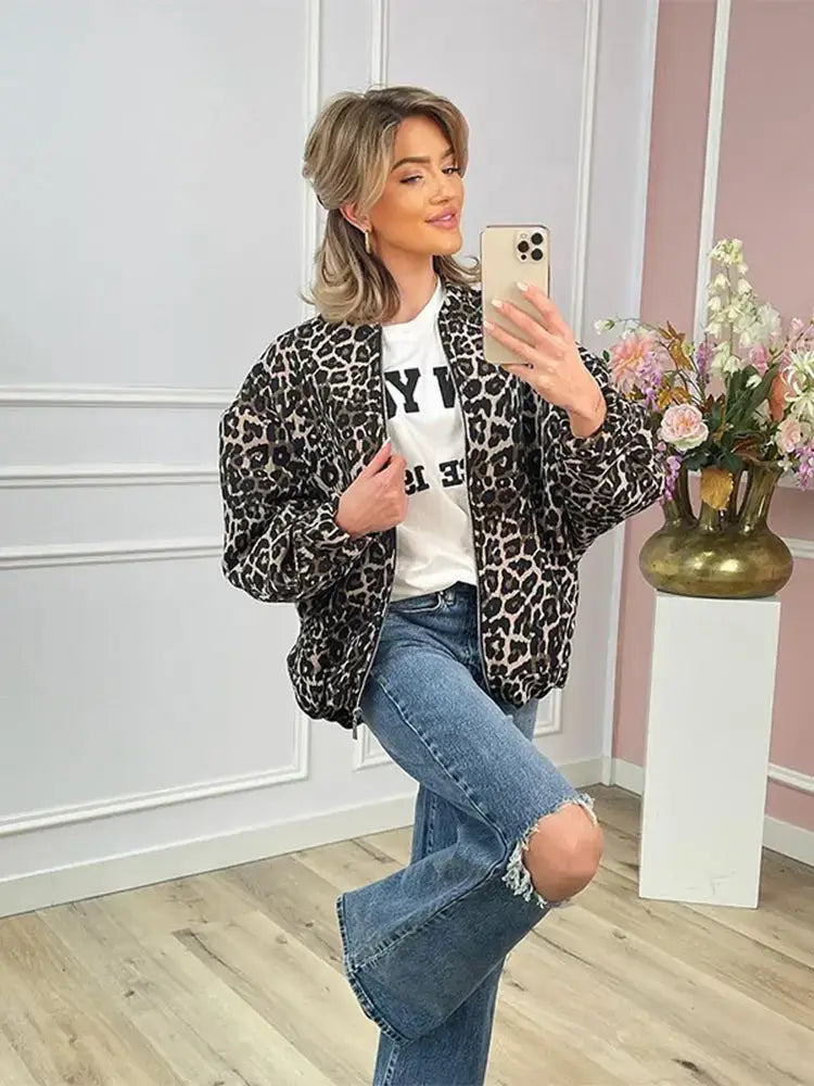 2024 Fashion Leopard Zipper Long Sleeved Women's Jacket Retro Round