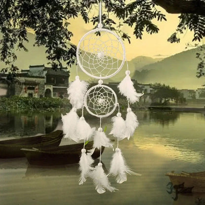 Bridal White Dreamcatcher - Double Ring Feather Pendant, Holiday Wind Chime Decor Gift