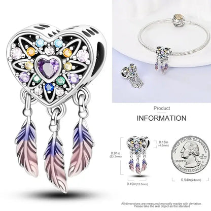Hot Dream Catcher Feather 925 Sterling Silver Purple Colorful Moon Dreamy Blue Charm Original Fits Women DIY Jewelry Girl Charms