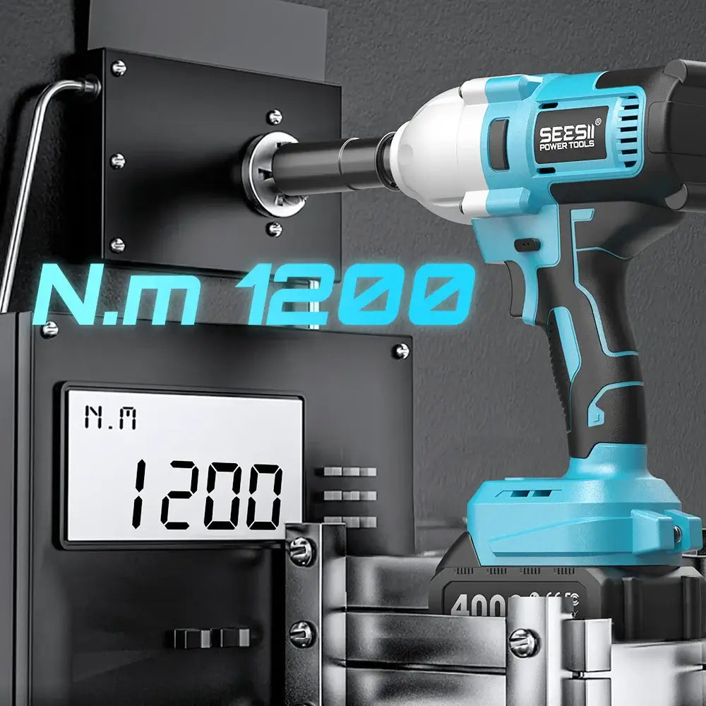 Seesii Real 1200N.m Electric Impact Wrench Brushless 1/2" High Torque Handheld Cordless Impact Gun Tool Kit LED Light 6 Socket