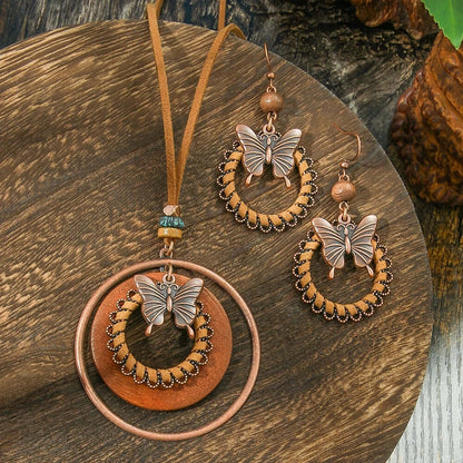 Vintage Butterfly Jewelry Set Pendant Double-layer Necklace log Style Handmade Winding PU Leather Sweater Chain Daily Wear Gifts