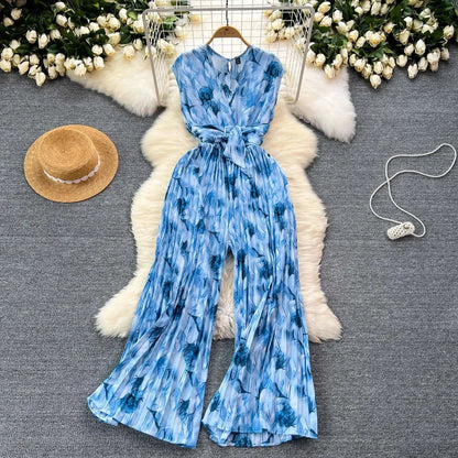 Chic Summer Jumpsuit - Abstract Print Wide Leg Romper