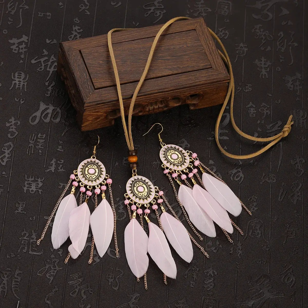 2pcs Feather Necklace Earring Set Women&