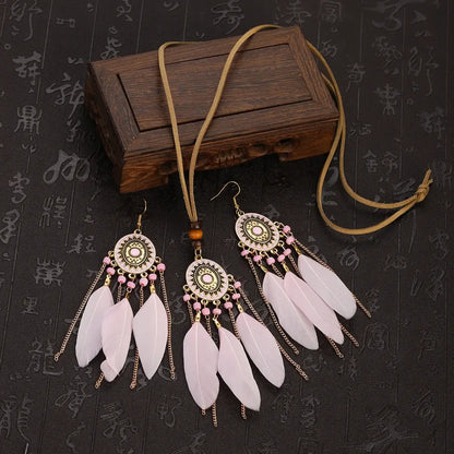 2pcs Feather Necklace Earring Set Women&