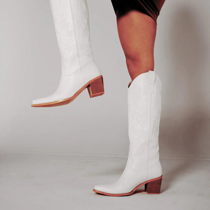 Cowboy Boots for Women - Black Knee High Cowgirl Boots with Classic Embroidered, Slip On Pointed Toe Fashion Retro White