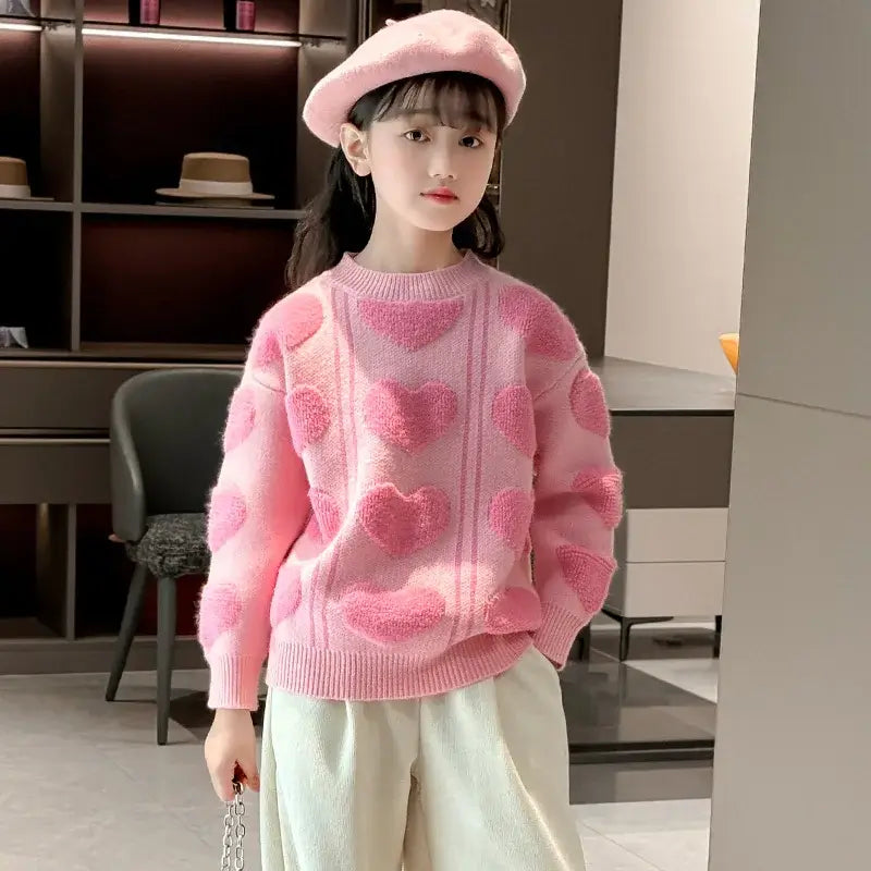 New Autumn Kids Girls Pink Color Sweater with 3D Hearts Pettern Children Elegant Fashion Knitted Clothing 5 7 9 11 13 14 Years