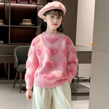 New Autumn Kids Girls Pink Color Sweater with 3D Hearts Pettern Children Elegant Fashion Knitted Clothing 5 7 9 11 13 14 Years