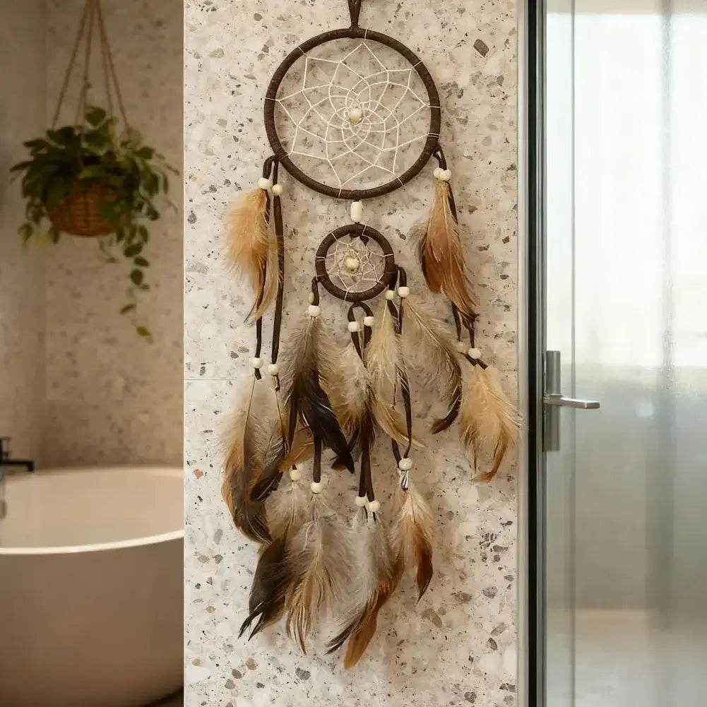 1Pc Wind Chime Dream Catcher with Light Indian Dream Catcher with Brown Feathers Wall Hanging Dream Catcher Bedroom Accessories