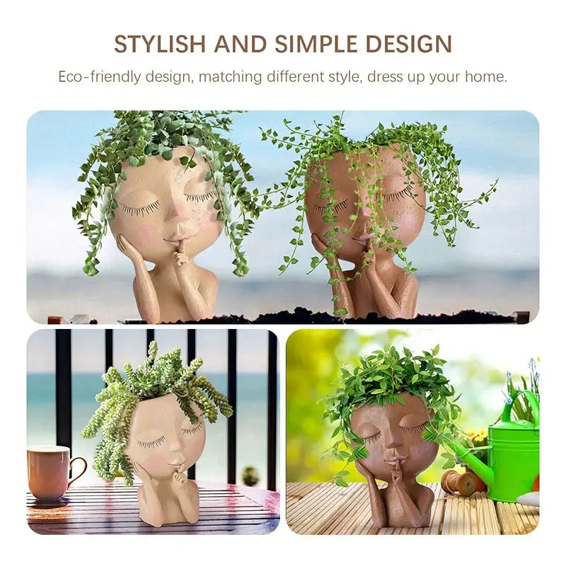 Unique Facial Statues Planter Home Bedroom Resin Head Planter With Drain Hole Ladies Face Flower Pots Garden Decor New Year Gift