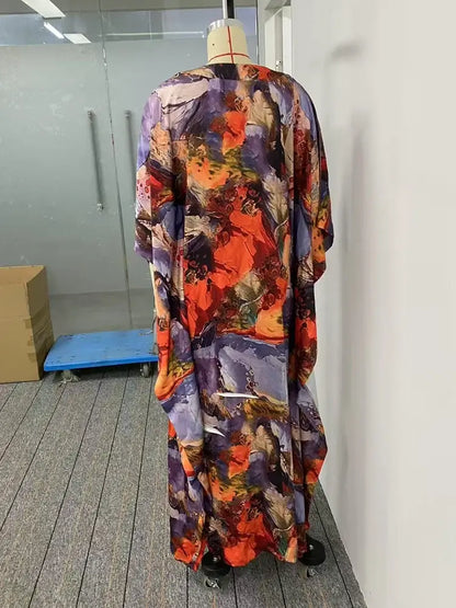 fashion women Bohemia Long Dresses Vacation Printed Maxi Dress Elegant Vintage Gauze Asymmterical Batwing Sleeves party dress