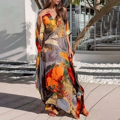 fashion women Bohemia Long Dresses Vacation Printed Maxi Dress Elegant Vintage Gauze Asymmterical Batwing Sleeves party dress