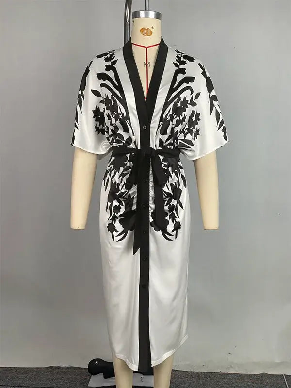 Office Ladies Office A-line Dress 2025 New Summer Half Sleeves Flower Print Printed Tied Waist V-Neck Women&