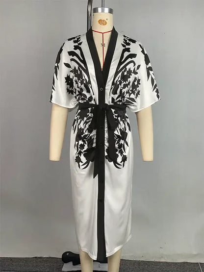 Office Ladies Office A-line Dress 2025 New Summer Half Sleeves Flower Print Printed Tied Waist V-Neck Women&