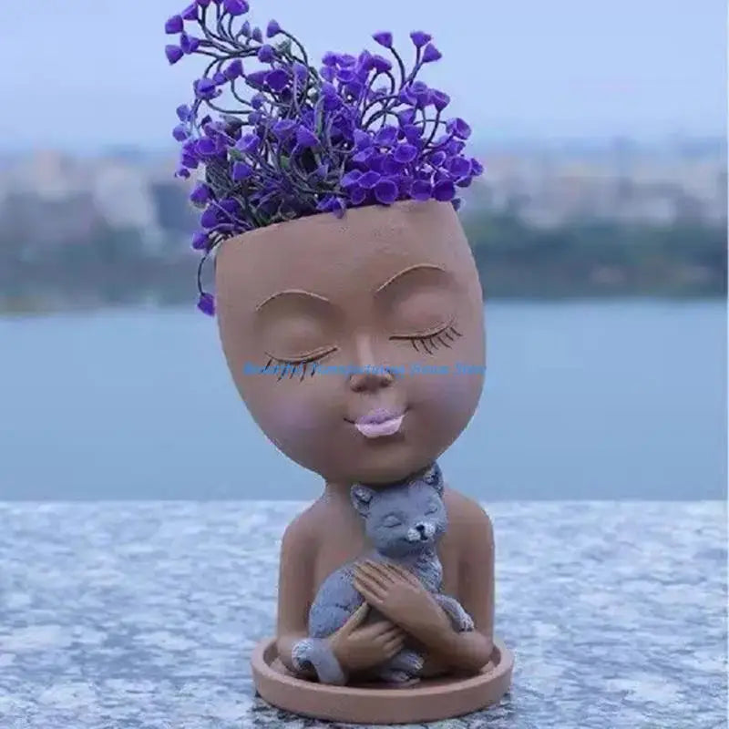 E56A Silicone Mold for Succulent Plant Pots Mini Garden Statues Boy and Puppy Flower Pot Mold Unique Pen Holder Resin Molds