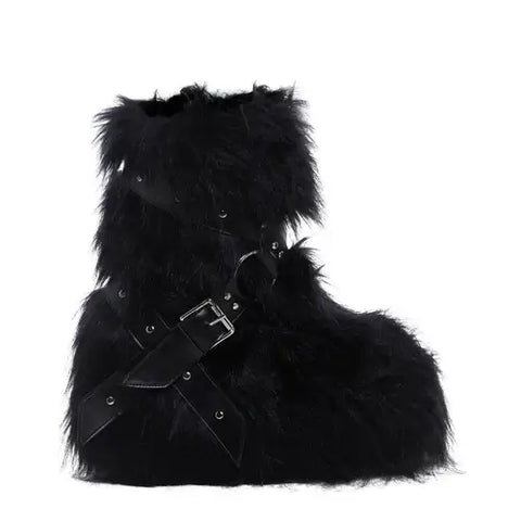 Furry Belt Buckle Rivets Chic Boots Women Trending Punk Round Toe