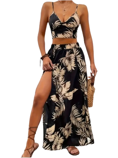 Women Sleeveless Low Cut V-Neck Printed Dress High Slit Sexy Dresses Trendy Half Skirt Women&