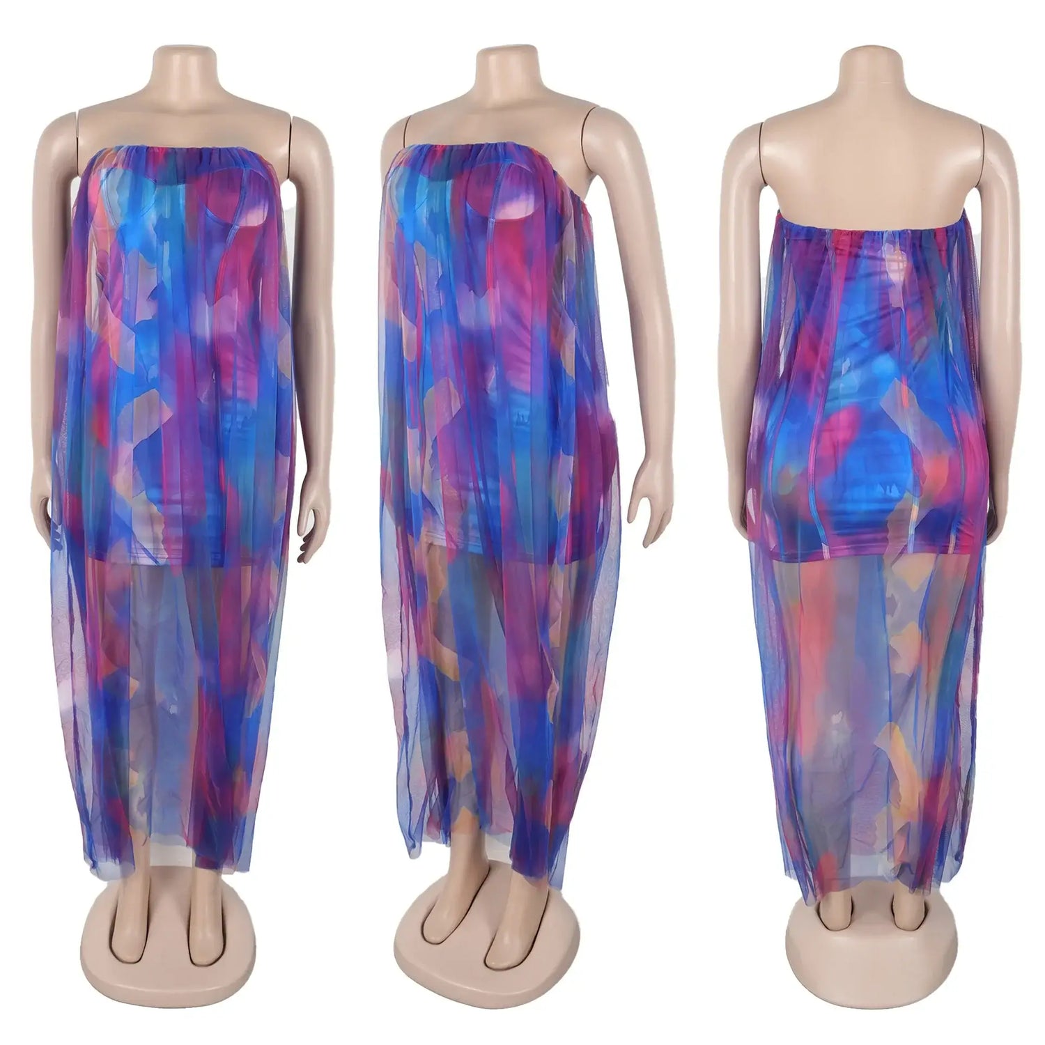 CM.YAYA Women Sleeveless Tie Dye Print Strapless Mesh Bodycon Midi Long Maxi Dress 2025 Birthday Club Party Vestido Sexy Dresses