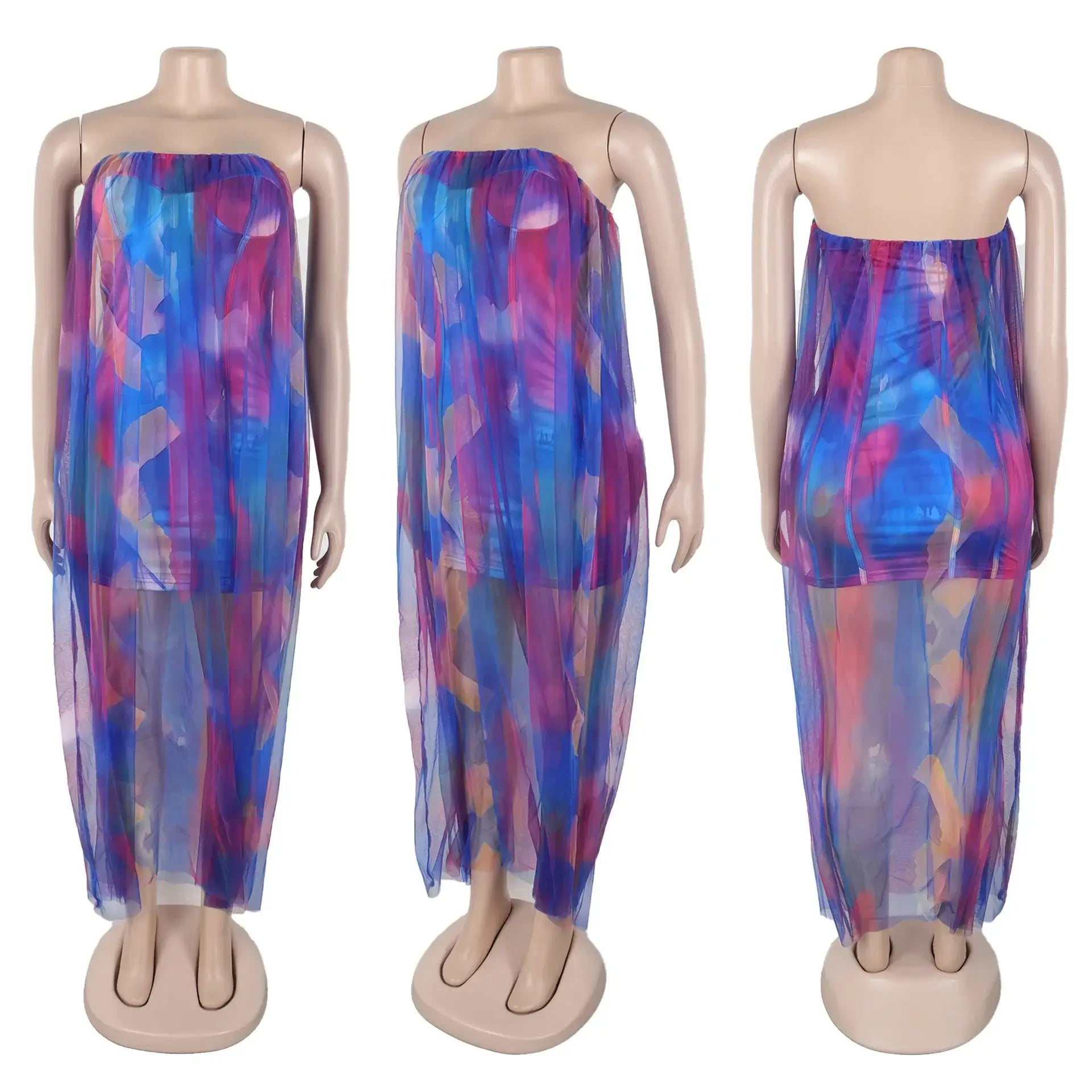 CM.YAYA Women Sleeveless Tie Dye Print Strapless Mesh Bodycon Midi Long Maxi Dress 2025 Birthday Club Party Vestido Sexy Dresses