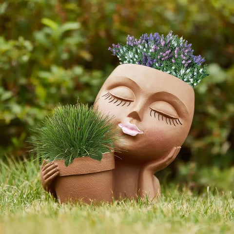 Girls Face Head Flower Planter Closed Eyes Figure Sculpture Resin.