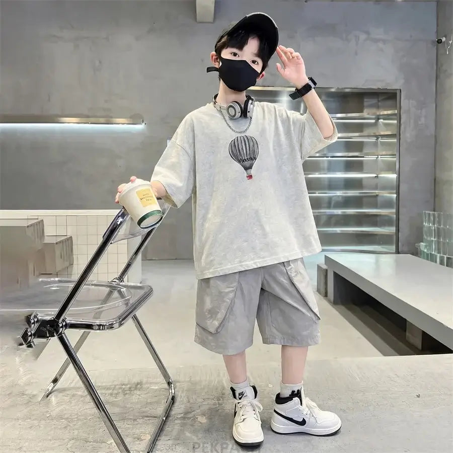 Fashion Boys Summer Outfit T-shirt Shorts Sports Set Children Top and Bottom Tracksuit Set Kids Casual Cotton Sportswear 5-14Y