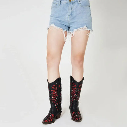GIGIFOX Cowgirl Rhinestone Western Mid-Calf Boots For Woman Block Mid Heel Pull-On Pointed Toe Hollow Out Retro Cowboy Boots