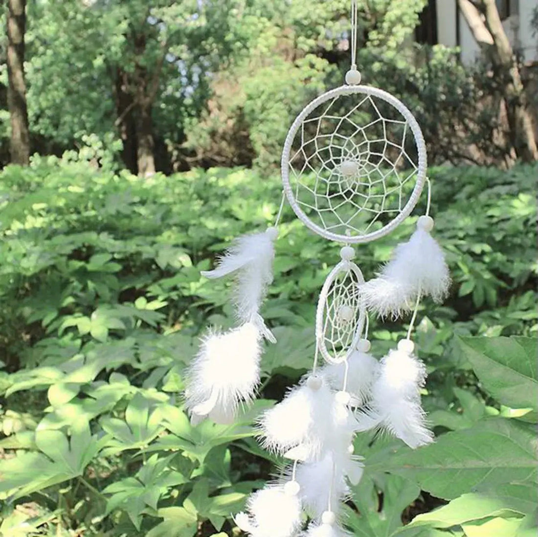 Bridal White Dreamcatcher - Double Ring Feather Pendant, Holiday Wind Chime Decor Gift