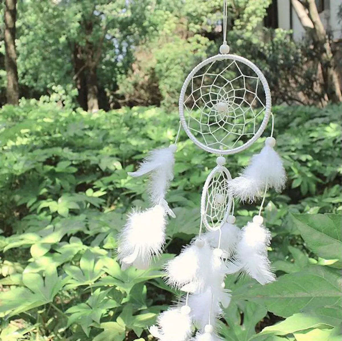Bridal White Dreamcatcher - Double Ring Feather Pendant, Holiday Wind Chime Decor Gift