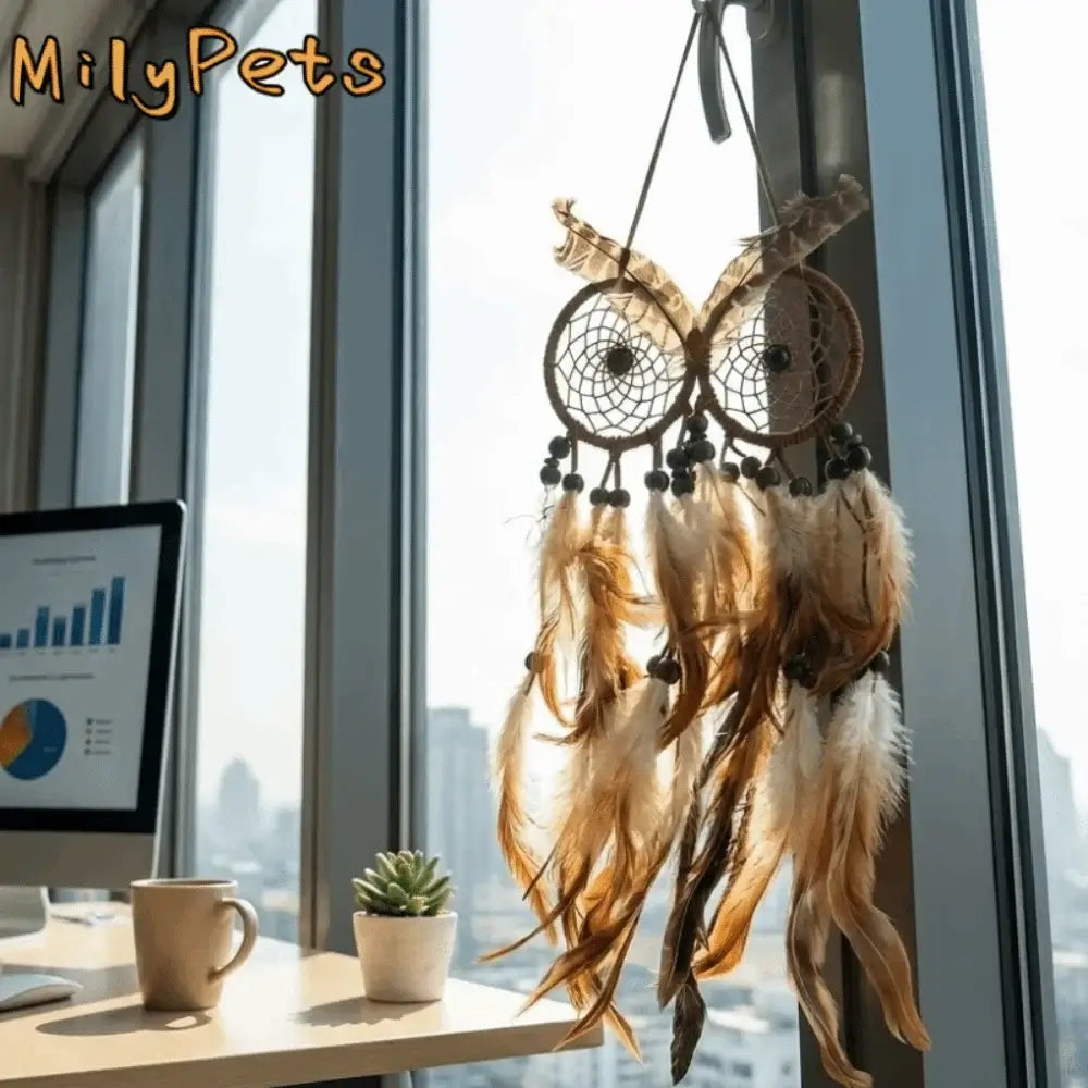 Nordic Style Owl Shaped Dream Catcher Handcrafted Brown Feathers Wind Chimes Circular Net Dreamcatcher Net Bedroom