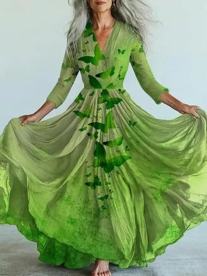 New Bohemian Style Long Sleeve Mesh Dress Vacation Vibes Full Skirt Chiffon Dress V-neck Ankle-length Regular Waistline