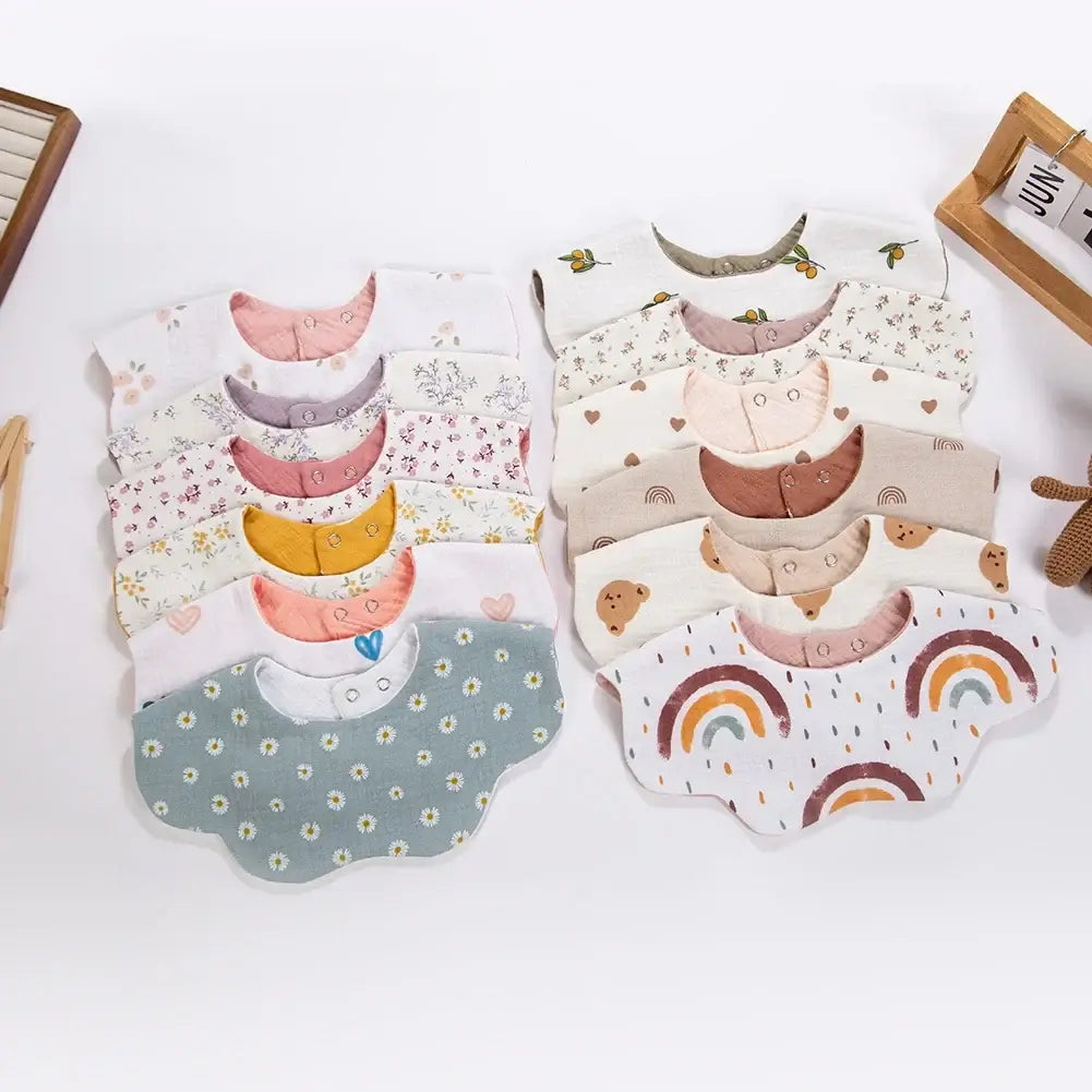3Pcs/Lot Cute Bear Flower Print Baby Bibs Muslin Cotton Double Side Infant Boys Girls Feeding Burp Cloths Thicken Adjustable Bib