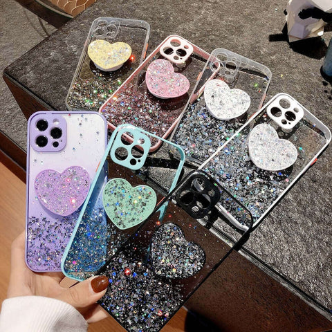 Buy 1 Get 1 Free Sequins Glitter Case with Love Stand for iPhone