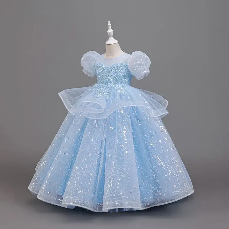 New High-End Luxury Flower Girl Wedding Show Performance Dress for Girls, Puff Sleeve Sequin Princess Dress