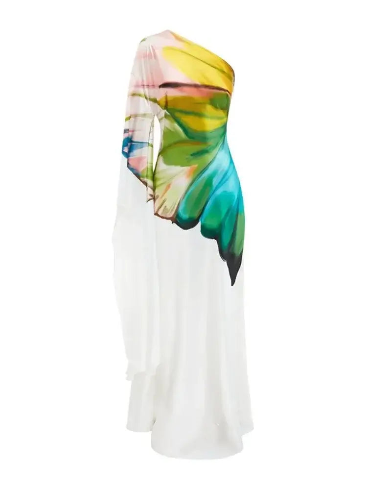 Female Stylish Flower Print One-Shoulder Party Evening Maxi Dresses 2025 New Asymmetric High Waist A-line Long Dress