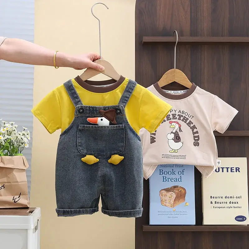 Children Clothing Baby Boys Girls Cartoon Duck T Shirt Denim Overalls 2Pcs/sets Kids Infant Casual Clothes Toddler Fashion Wear