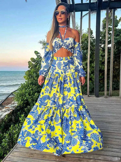New Two Pieces Skirt Sets Suspenders Tube Top Skirts Sweet Printed Bra Bare Waist Chic Evening Party Clothing Beach Dance Robe