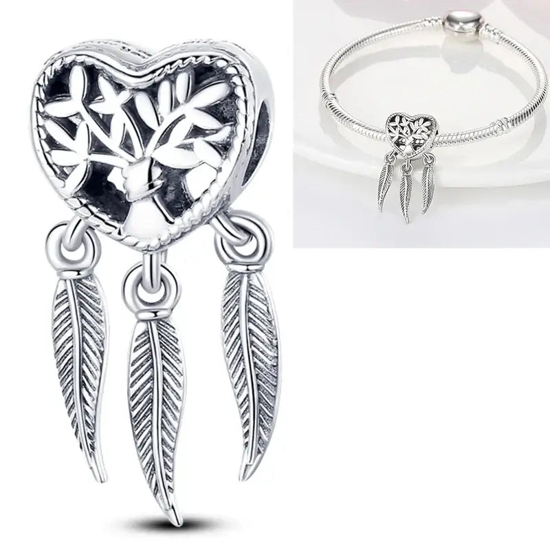 Hot Dream Catcher Feather 925 Sterling Silver Purple Colorful Moon Dreamy Blue Charm Original Fits Women DIY Jewelry Girl Charms