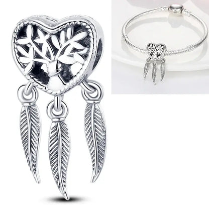 Hot Dream Catcher Feather 925 Sterling Silver Purple Colorful Moon Dreamy Blue Charm Original Fits Women DIY Jewelry Girl Charms