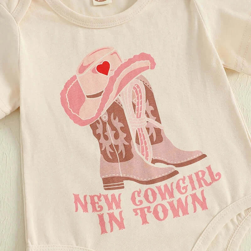 Adorable Infant Cowgirl Ensemble Ruffled Romper Cowboy Boots and Matching Bandana Headband - 3 Piece Set