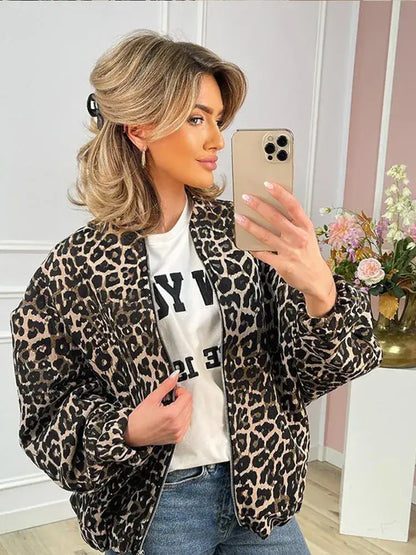 2024 Fashion Leopard Zipper Long Sleeved Women's Jacket Retro Round