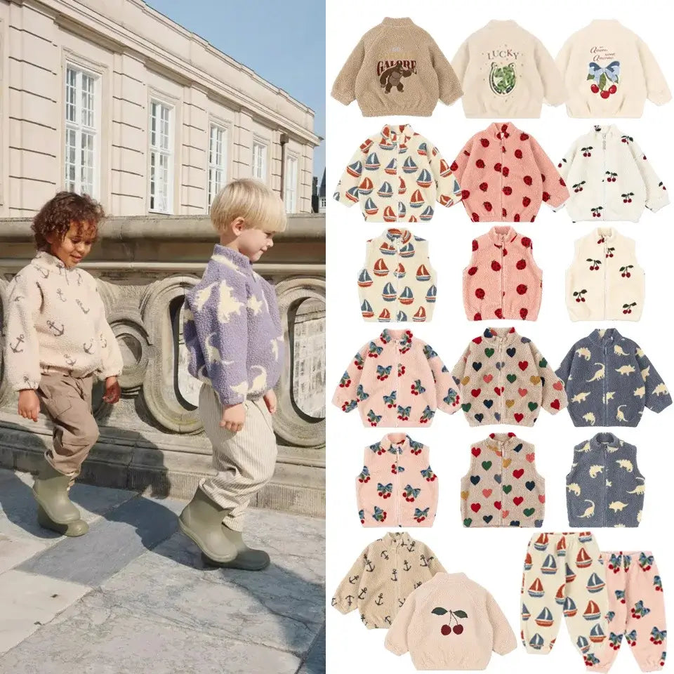 2025 KS Brand Winter Baby Boys Lambswool Jackets Cartoon Dinosaur Anchor Coats Kids Clothes Girls Cherry Jacket Beetle Outerwear