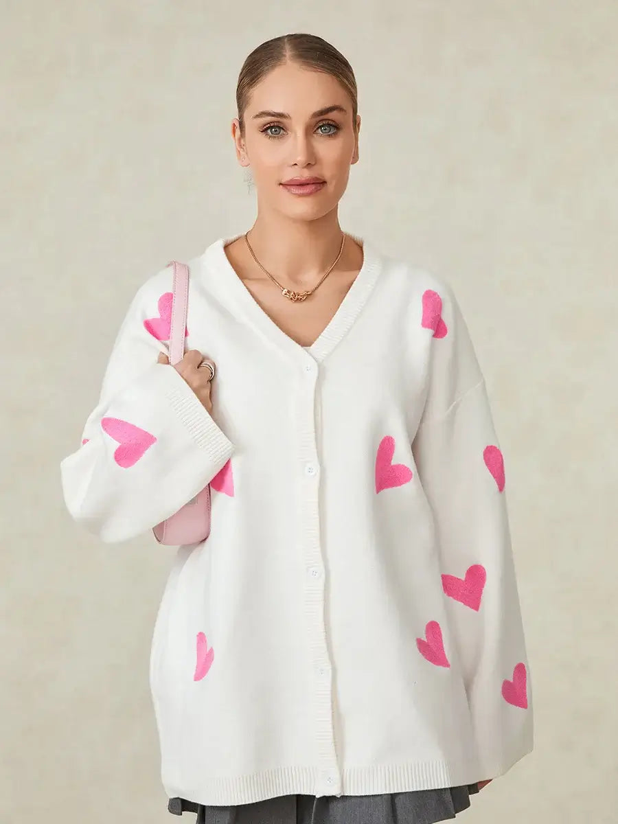 Women s Autumn Loose Knit Cardigan Heart Embroidery Long Sleeve V-Neck Sweater Button Down Jacket